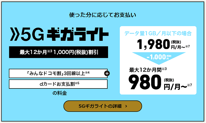 「5Gギガライト」980円/月～