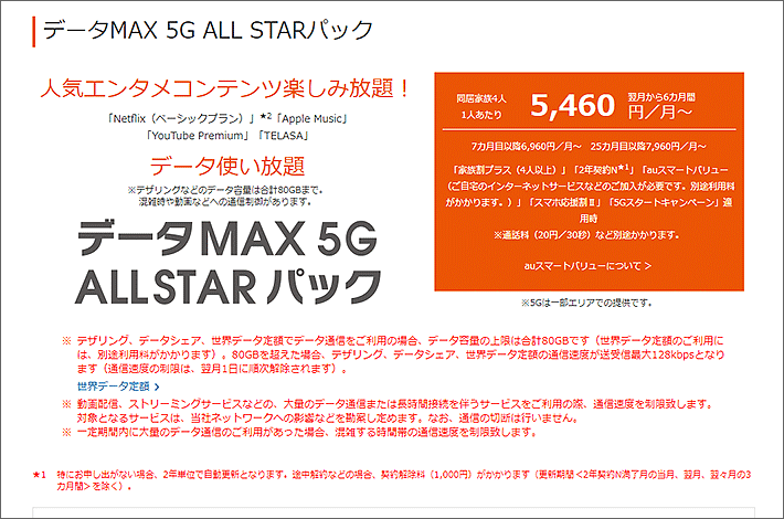 データMAX 5G ALL STARパック 5,460円／月～
