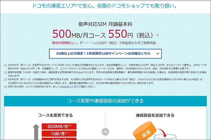 音声対応SIM 月額基本料 500MB/月コース 550円（税込）